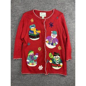 Quacker Factory Sweater Womens L Red Snowman Ugly Christmas Applique A69025